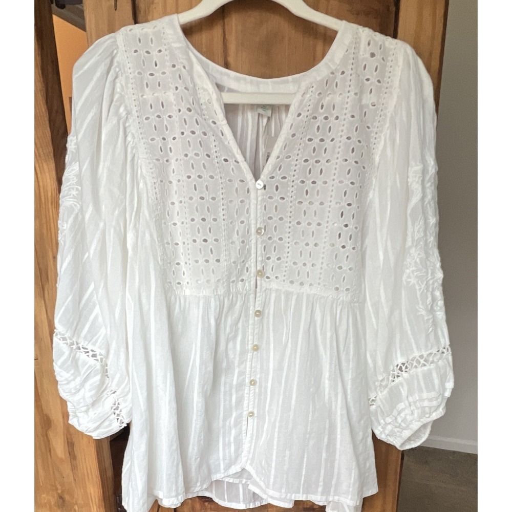 Sundance Women's White Eyelet Button-Front V-Neck Blouse XL 100% Cotton Lined